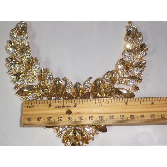 Champagne Rhinestone Statement Necklace Set, Bridal, Party Prom Formal Necklace - Picture 8 of 8